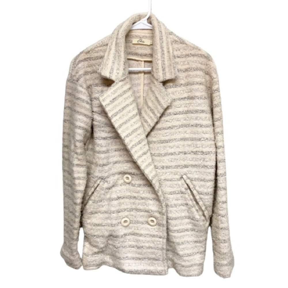 Elodie Women's Jacket Mid Weight Size L Off-White with Gray Stripes Long Sleeve